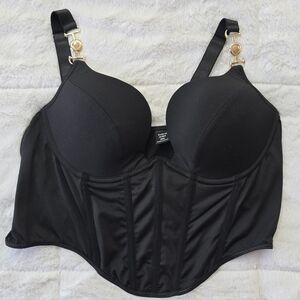 Black Longline Bustier Bra with Gold Hardware Size 2XL